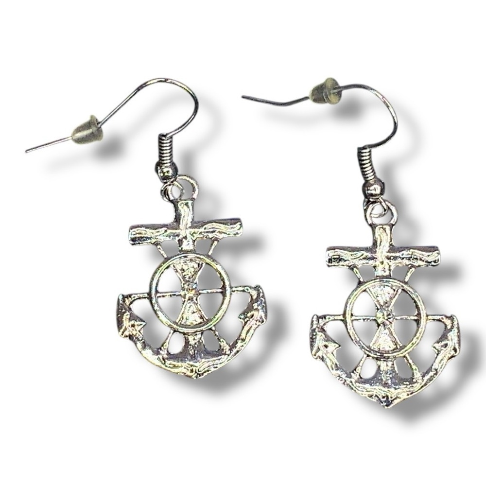 Silver Nautical Anchor Earrings Dangle Style Pinup Retro Hook Closure